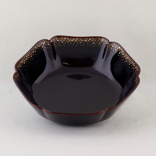 1734　輪島塗　六稜鉢／脱乾漆／溜塗／小華沈金