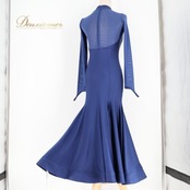 社交ダンス 衣装 ワンピース ドレス ネイビー系 紺 青 無地 パーティ 発表会 ダンス レッスン 伸縮 ストレッチ 大人用 エレガント 上品 おしゃれ レディース パーティードレス ダンスウエア 舞台衣装 発表会ドレス 長袖 シンプル