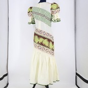 【美品 ハワイ製 フラダンス衣装】アイボリー T&L MUUMUU FACTORY ワンピース ドレス ホヌ柄 白 茶 黄緑 亀 パフスリーブ 絞り