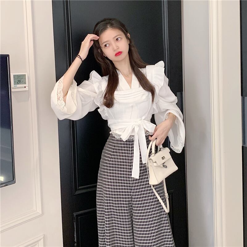 ウエスタンスタイルの年齢を減らす長袖シャツトップハイウエストチェック柄スカートパンツツーピース女性2020秋新気質スーツ ブラックストロベリース83962674412