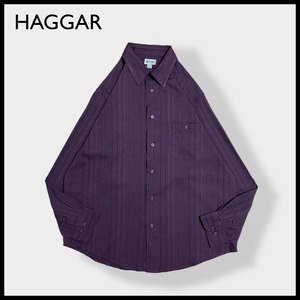 【HAGGAR】LARGE ビッグサイズ ストライプ ポリシャツ 長袖シャツ カジュアルシャツ ディープパープル US古着
