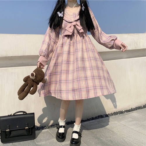 ✞ ネイビーリボン長袖スリーブチェック柄スカート ロング スウィート ✞ゴスロリ SM ミリ 甘ロリ クラロリ 和ロリ エレガント 黒ロリ 姫ロリ 華ロリ BB-BB25667337829
