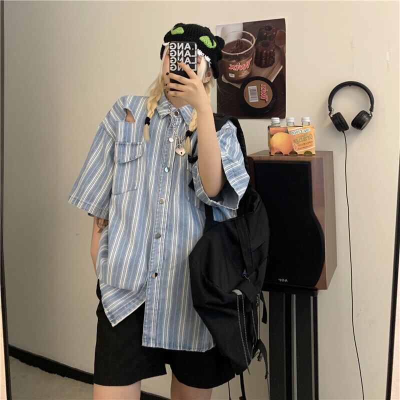 サマールーズシャツ 薄手スタンダードストライプトップス レディースカジュアル レトロ 夏物 ケッペル13420484840