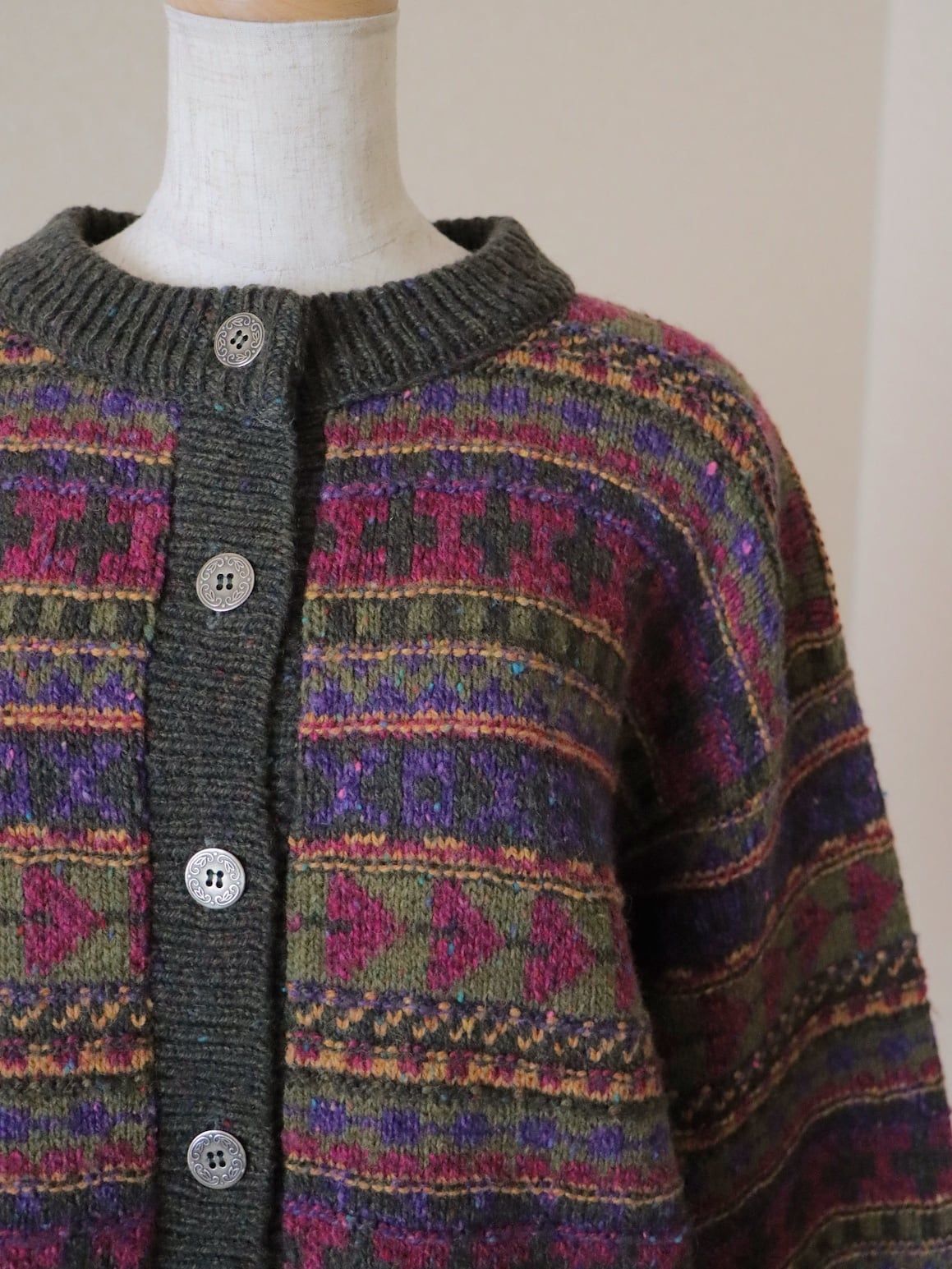 ●80-90s REI fair isle jacquard knitted design button wool cardigan