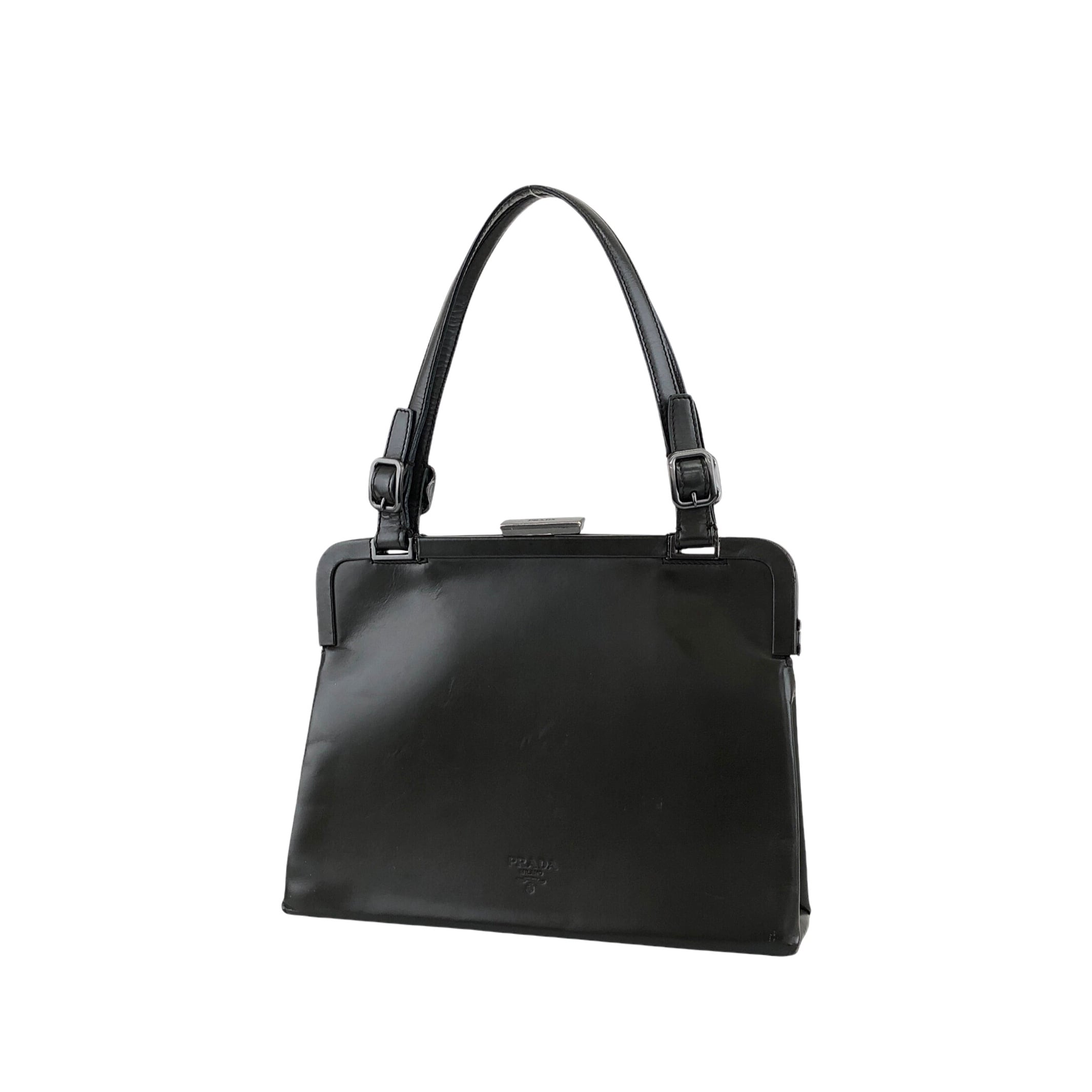 PRADA プラダ ハンドバッグ ダークグリーン ロゴ型押し レザー がま口