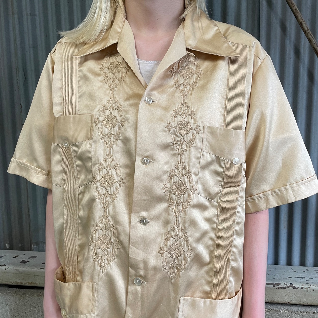 60年代〜70年代 GUAYABERA TULUM 刺繍 プリーツ シルク サテン 開襟 