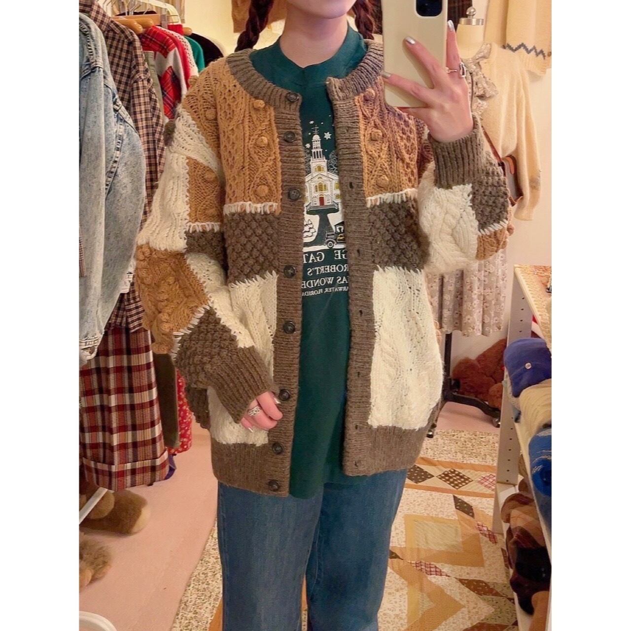 patchwork ponpon knit cardigan