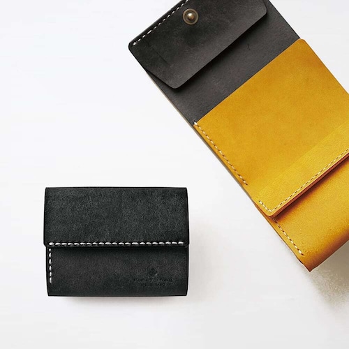 使いやすい 三つ折り財布【ブラック×イエロー】レディース メンズ ブランド 鍵 小さい レザー 革 ハンドメイド 手縫い