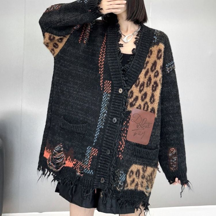 DAMAGED V-NECK MIDI DESIGN KNIT CARDIGAN 1color M-15321