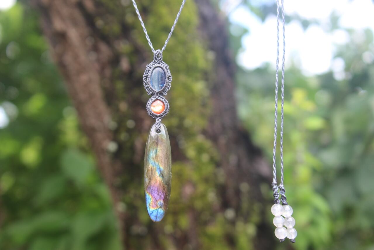 Multi Purple Labradorite & Sunstone & Kyanite micro macrame pendant