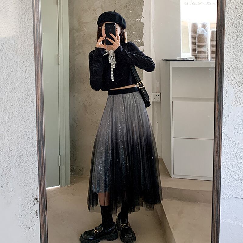 レディーススプリングスタイルメッシュスカート ショートトップス 春物 試着室64513947007