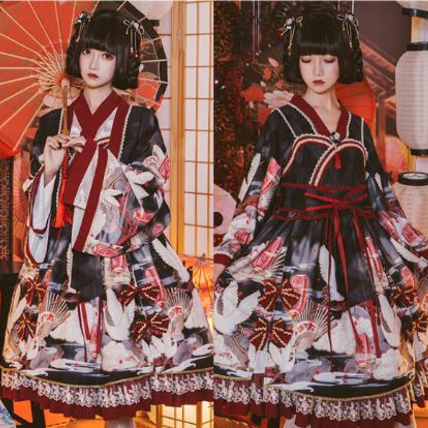 即納 黒Sサイズ】和ロリ 鶴と扇の和柄 ロリータ 着物風 JSK+羽織 豪華