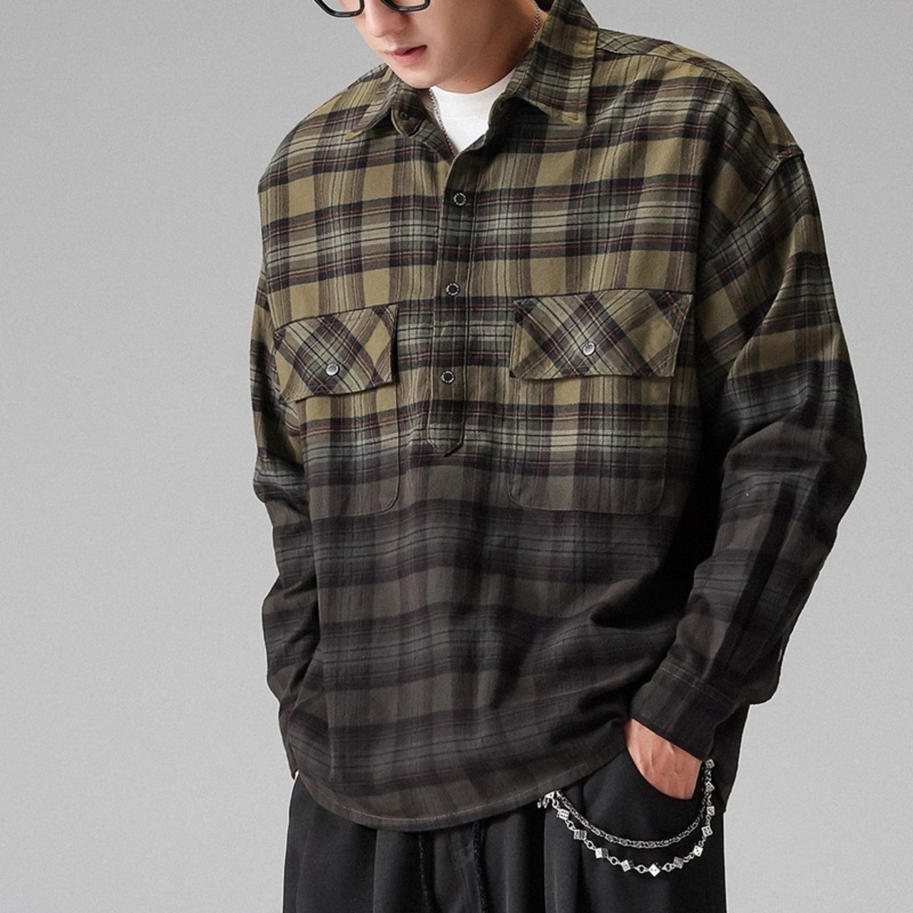 Long Sleeve Pullover Oversized Checkered Shirt ◇H0864