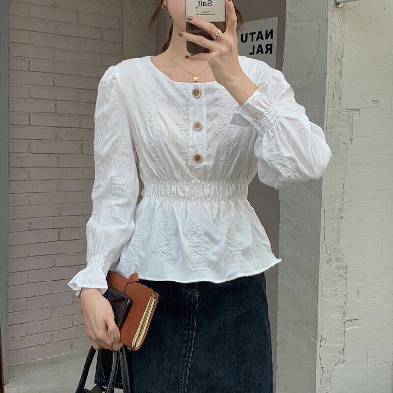 ホワイトシャツ オータムウェストスタイルシフォンプリーツ薄手 秋物 ガールズファッション81026431879