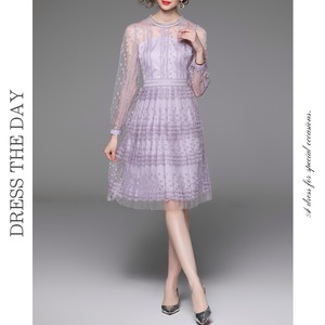 チュール刺繍シアースリーブドレス D0028