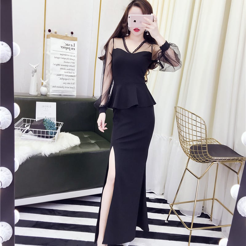 送料無料 キャバ ドレス ロング 黒 セクシー ペプラム マーメイド 大胆 スリット 長袖 無地 パーティードレス タイト ワンピ おしゃれ サイド チラ見せ 個性的 キャバ嬢 ドレス シースルー 透け感 きれいめ かっこいい キャバクラ ドレス ロング丈 ワンピース いい女