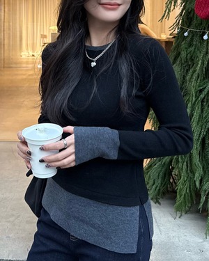 バイカラーレイヤードスリムニットトップス A0688