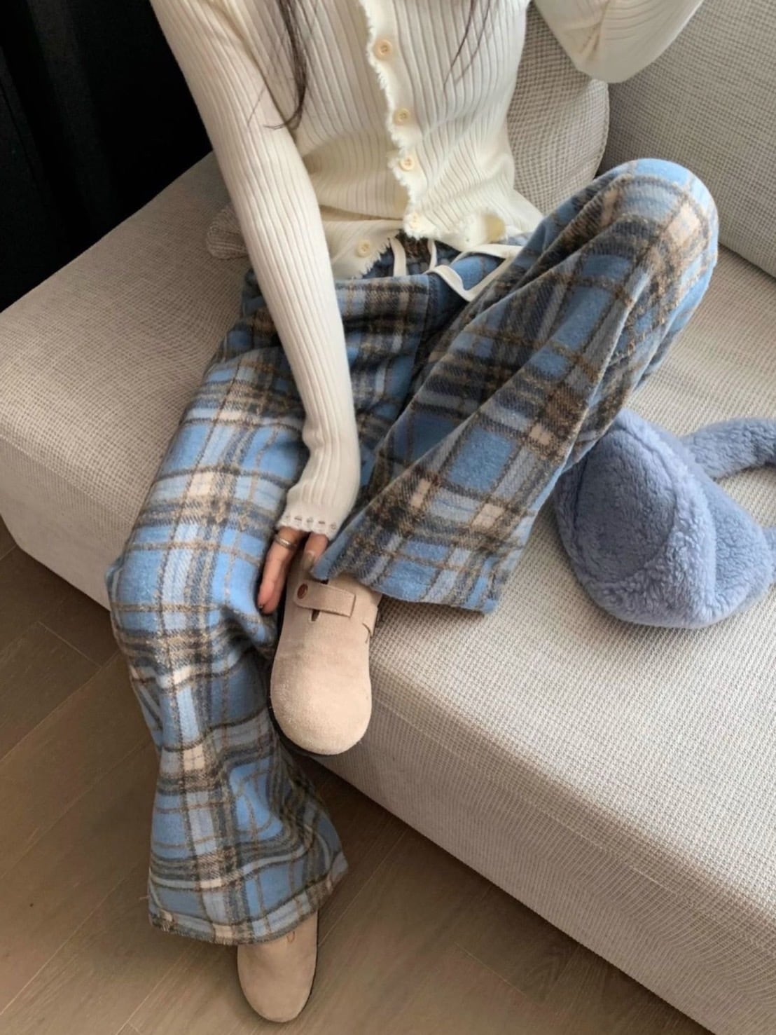 旬のチェック柄で作るリラクシーコーデ メンズライクチェックパンツ ウエストゴム カジュアル おうちコーデ 大人かわいい 大きいサイズ 韓国 CH10177