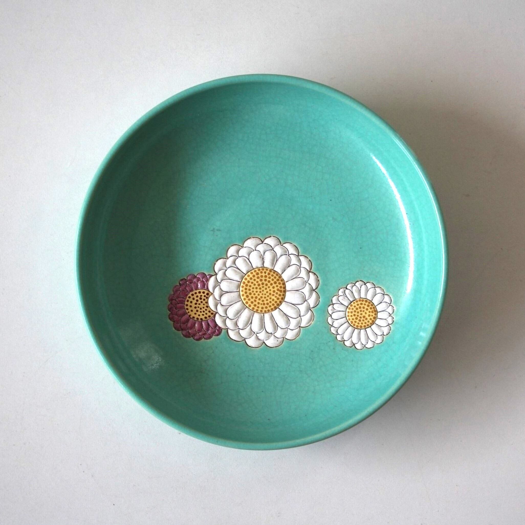 萬古焼色絵菊文皿（一対）d16.7cm Banko Enameled Dish