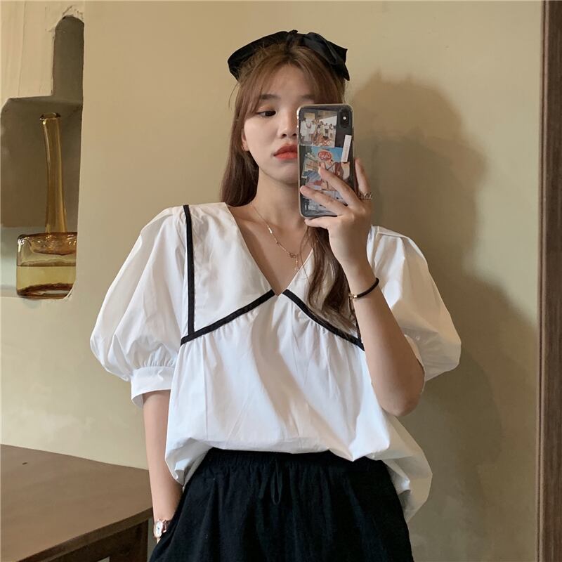 トップス スリーブホワイトシャツ 大人ガーリー スウィート キュート カジュアル ステッチ YY-ファッション76915265216