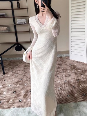 v neck scallop flower lace dress.3225