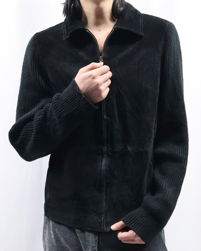leather sleeve knit zip up blouson