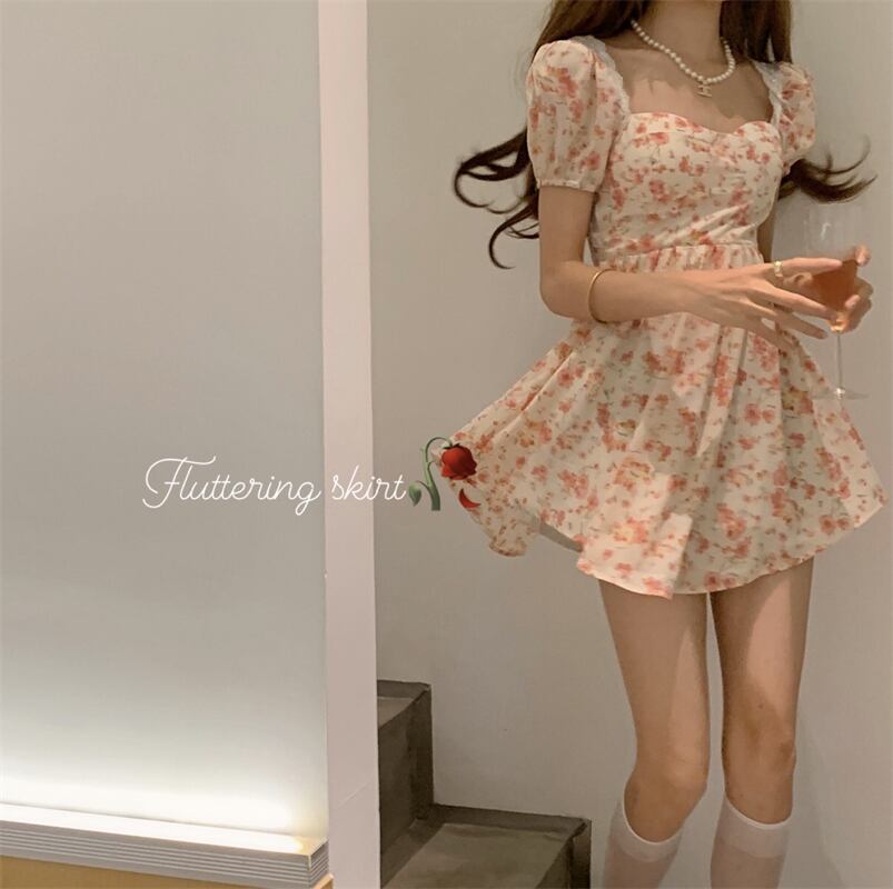 サマーFlowerデザイン バックスリーブドレス ショートスカート 夏物 フラワーデザイン モンロー43481512058