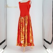 フラダンス 衣装 ワンピース ドレス PINTUCK レッド系 ベロア ノースリーブ 異素材 フリル プルメリア柄 ラウアエ柄 かわいい 華やか 鮮やか 明るい 赤 黄 白 ハワイアン アロハ ハワイアンプリント フラ ダンス レッスン 練習 イベント