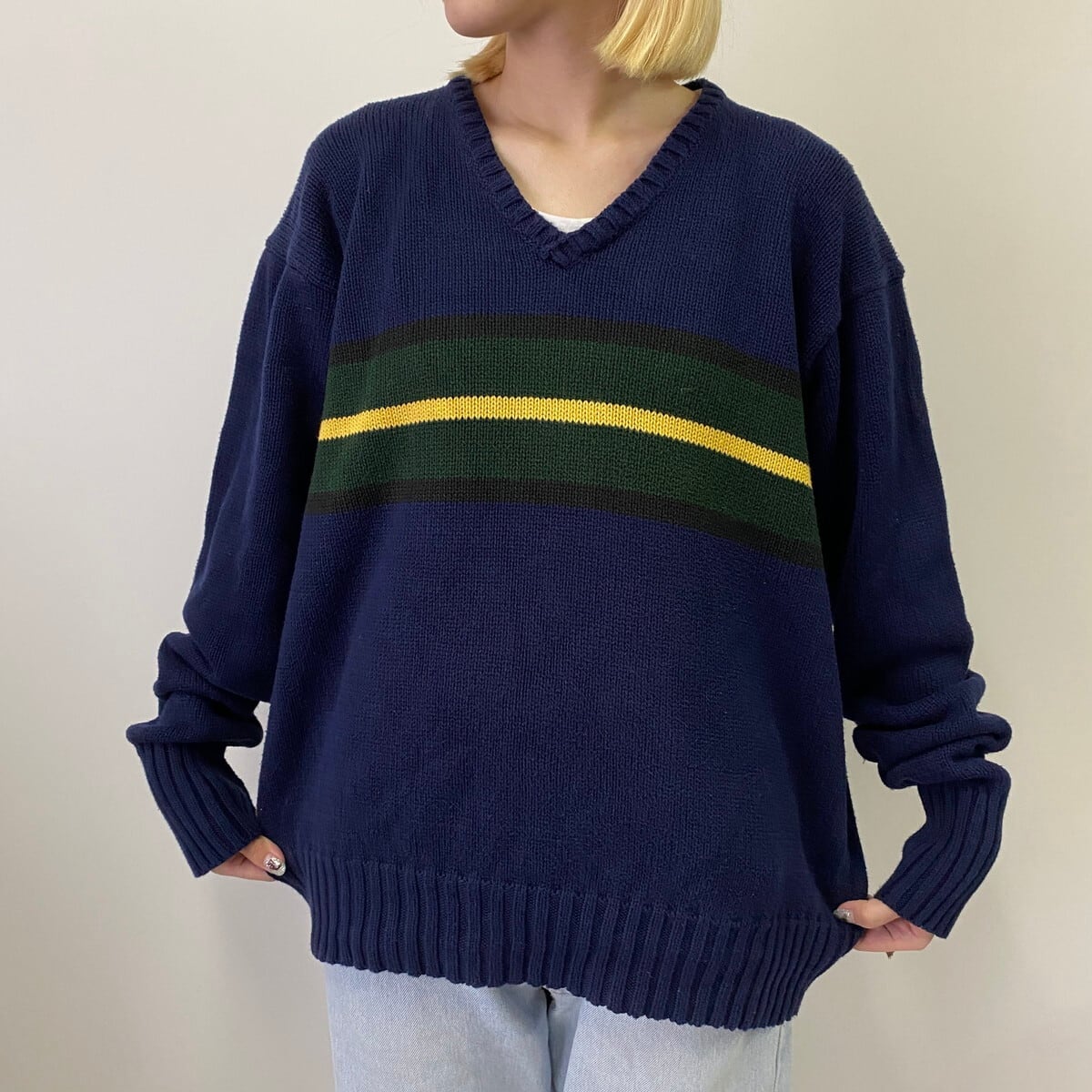 90s ポロバイラルフローレン ウール100 ニット ボーダー ネイビー L相当 90年代 Polo by Ralph Lauren ポロバイラルフローレン ボーダー V
