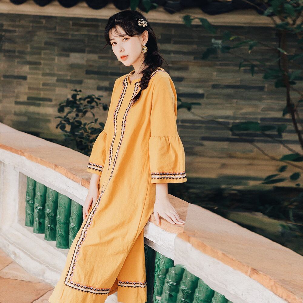 ルーズスタンダードロングスカート エスニックスタイルドレス レトロ 延命家ファッション2767402