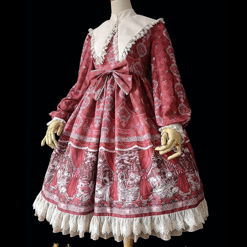 ロリィタスポット童話オリジナルプリント白雪姫ワンピース レッド Black Lotus