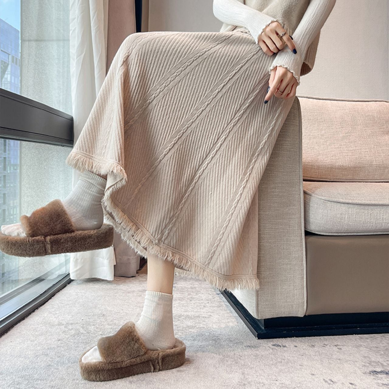 フリンジ付き リブニット Aラインスカート Ln00438