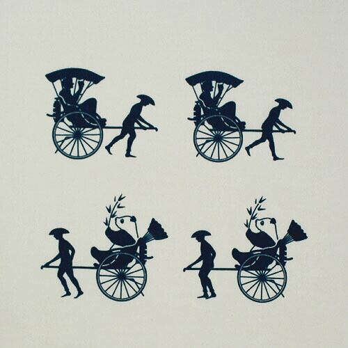 手ぬぐい「人力車とパンダ 紺」 | 手ぬぐい 染の安坊