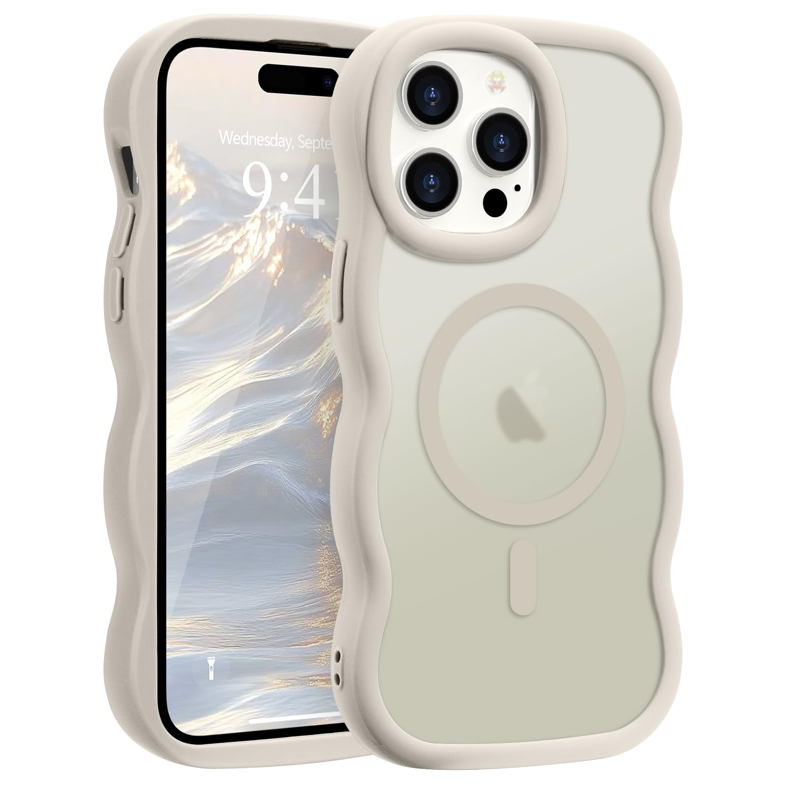 Pepmune iPhone 14 Pro用 ケース MagSafe対応 ウェーブ 半透明 かわいい うねうね ワイヤレス充電(ライトグレイ)