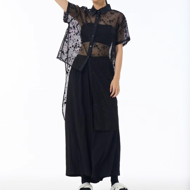 asymmetry sheer floral shirt L0605