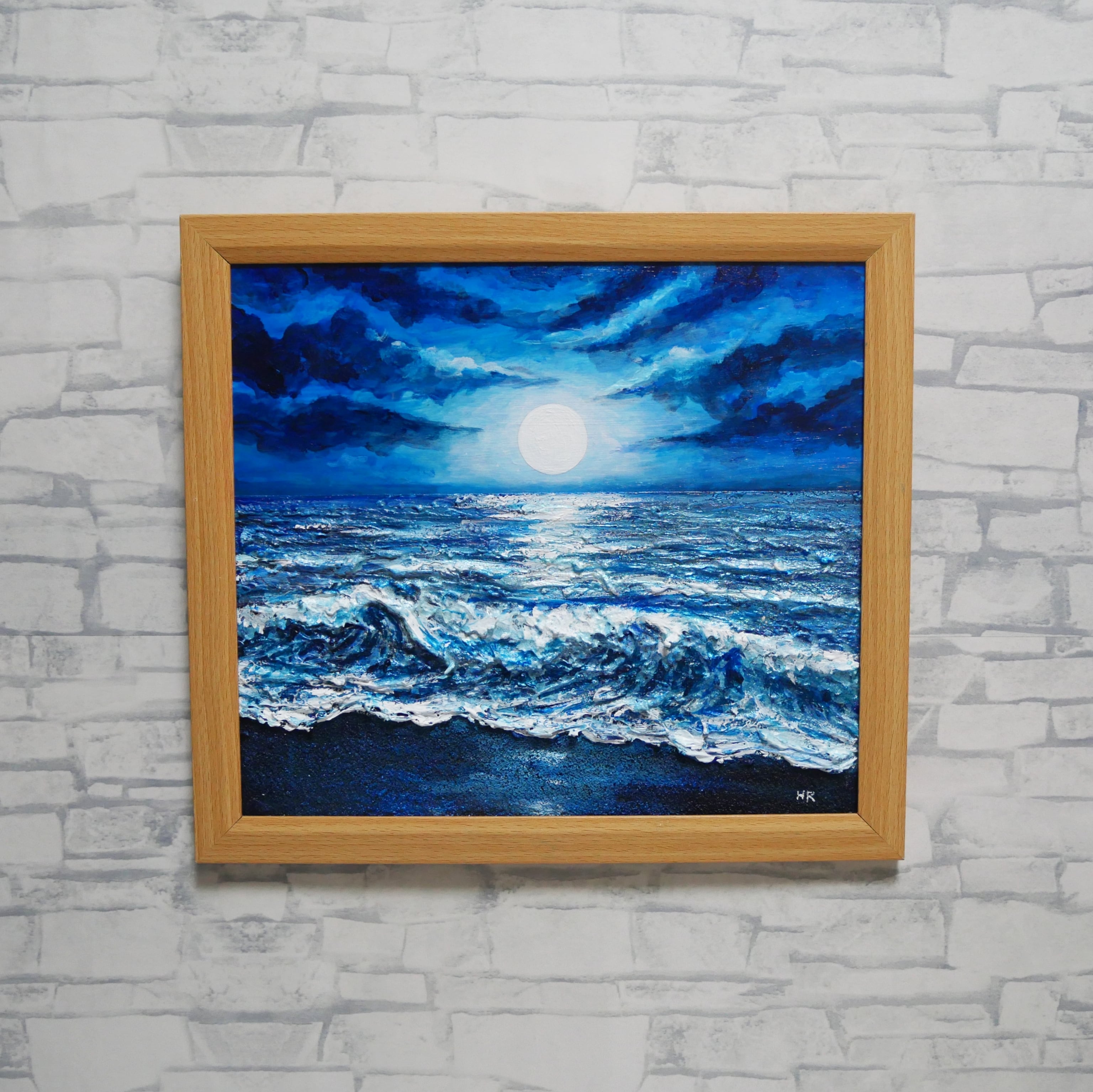 油彩画『月明かりの海』夜の静寂と波のきらめき｜原画・一点物