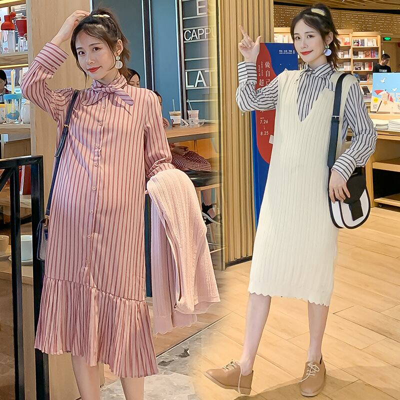 【新作】【送料無料】 マタニティウェア2019秋と冬の新しいマタニティドレスファッションストライプ長袖+ニットベストスカートツーピースセット-アリババ ロング オータム 秋物 ウィンター 冬物 expec243010273783