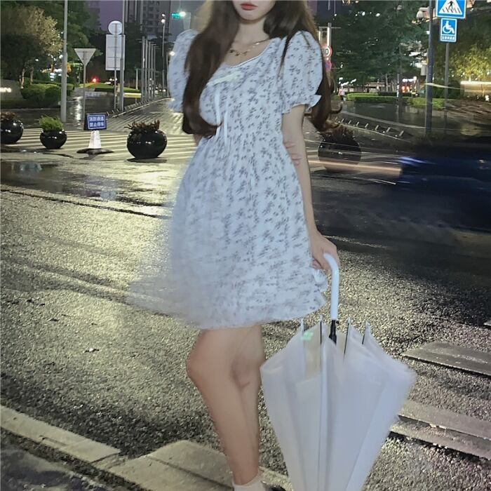 フローラルドレス サマースリーブシフォンスカート 大人ガーリー スウィート キュート カジュアル 夏物 花柄 ピュア ドラファッションホール98893849449