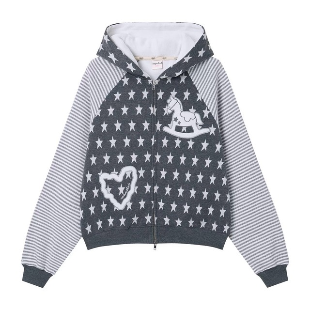 [Iamnotbad] Gray Star Striped Hooded Jacket