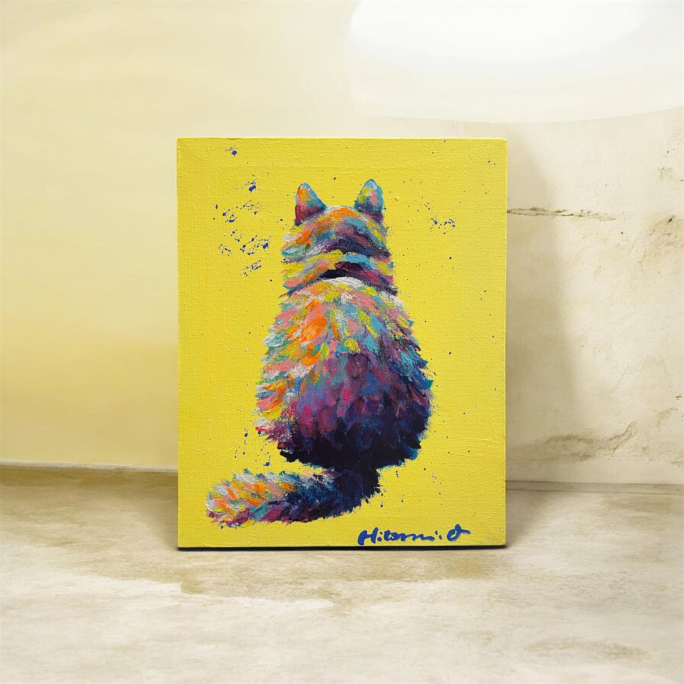 A-117/26】原画 絵画 動物画 猫 カラフル 27.3×22cmキャンバス 真作