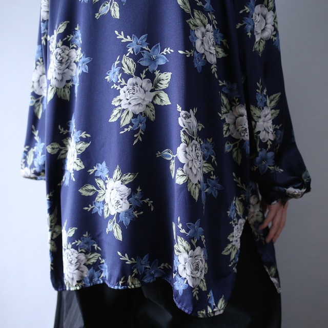 beautiful blue flower pattern over silhouette gloss fabric shirt
