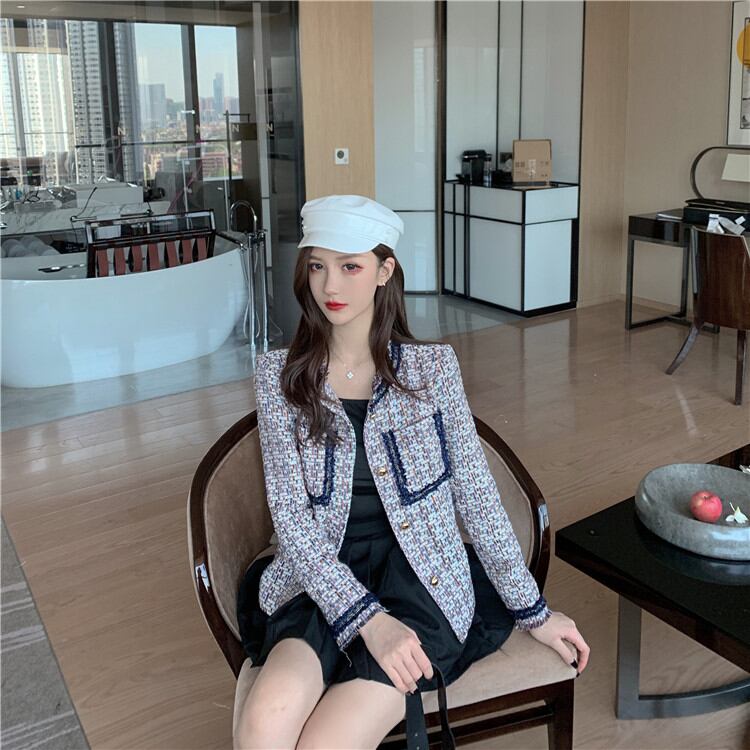 韓国ファッション 秋 ツイード 小さな香りの風 コート 長袖 単体ボタン 短いスタイル 洗練された