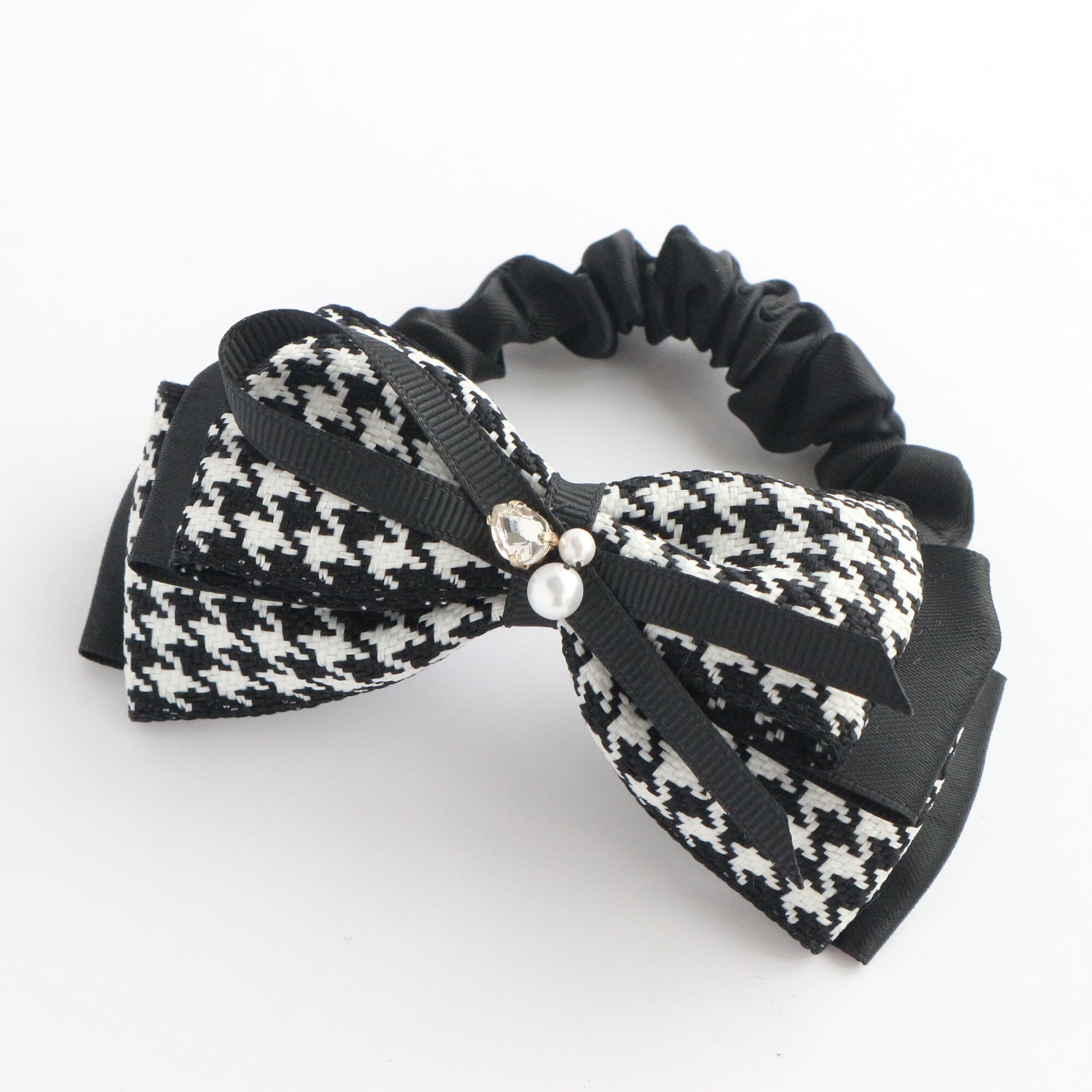 千鳥格子 リボンの大人可愛い上品シュシュ 黒 ブラック クリスマス