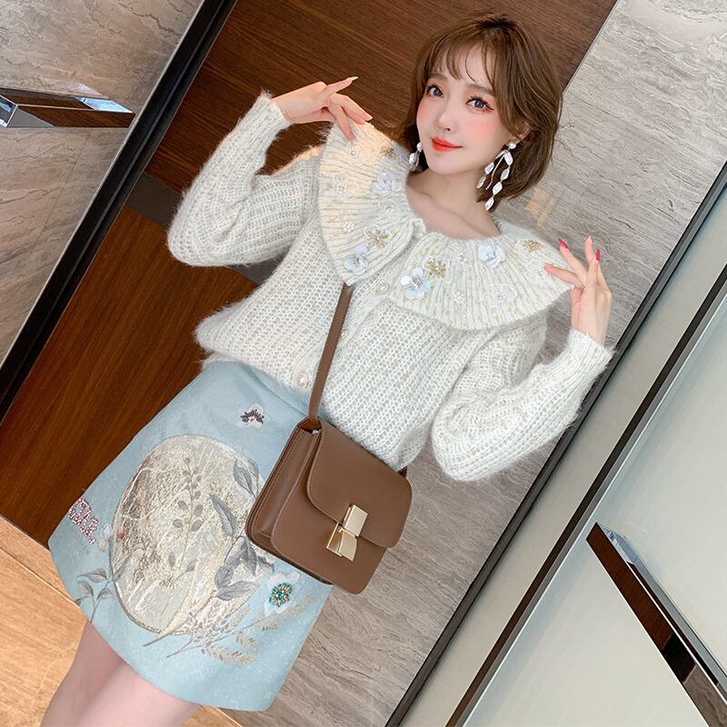 ゴールドFlowerデザイン ニットカーディガンスプリングスタイル 春物 フラワーデザイン MIUCO87721900310