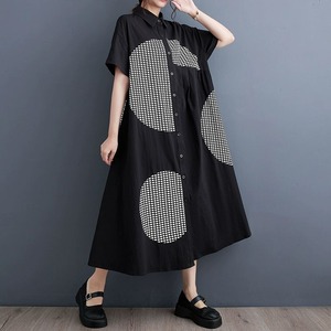 PRINT A-LINE MIDI HALF SLEEVES SHIRT DRESS 2colors M-8991