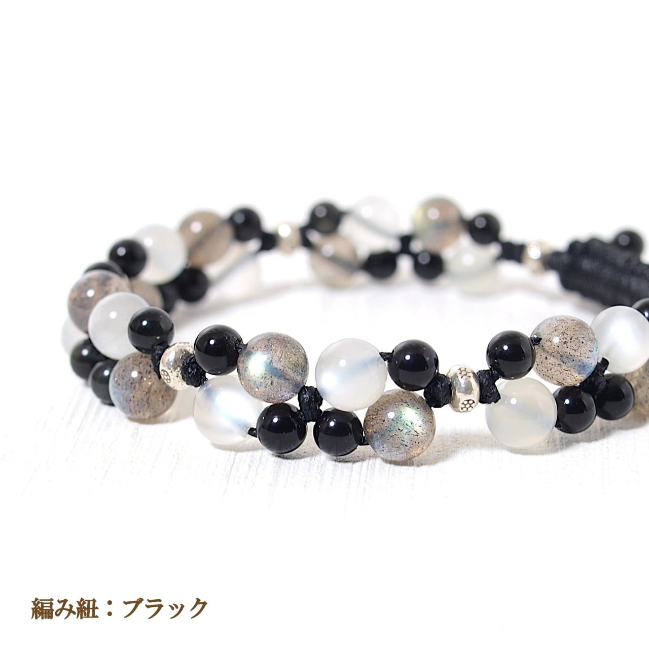 ラブラドライト＋ムーンストーン＋オブシディアン花＊花マクラメ