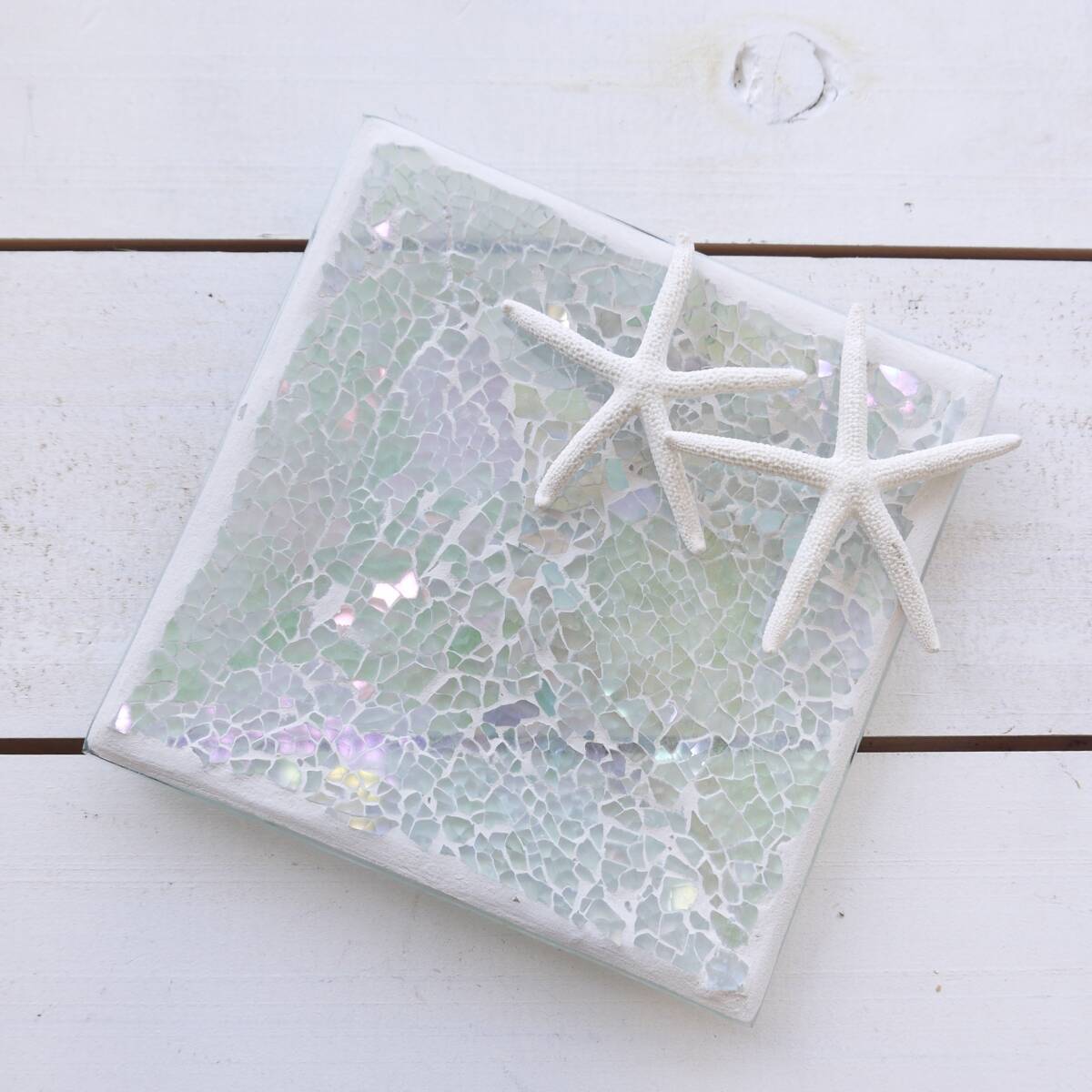 ★ハワイアン雑貨★キラキラ ビーチタイル トレイ/小物入れ/ソープディッシュ<ホワイト>