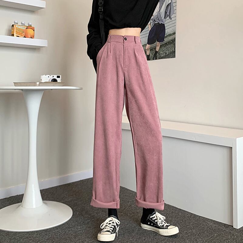 スプリングオータムコーデュロイパンツ スリムルーズカジュアルハイウェストウェストワイドレッグ ピンク 春物 秋物 ワイドパンツ スーパーモール84035103326