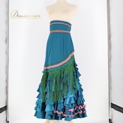 フラメンコ 衣装 ソニアジョーンズ SONIA JOHNES ファルダ スカート フリンジ ボランテ フリル 青緑 緑 レース ハイウエスト フレコ 発表会 パーティ ダンス ブルー系 グリーン系 オレンジ系 フェスティバル ステージ 衣装 エレガント ボリューム感 パフォーマンス おしゃれ 女性用 可愛い フリンジ付き 派手