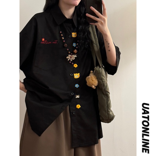 【UATONLINEシリーズ】★シャツ★ 3color トップス 半袖シャツ 刺繍 猫 ユニセックス メンズ コットン